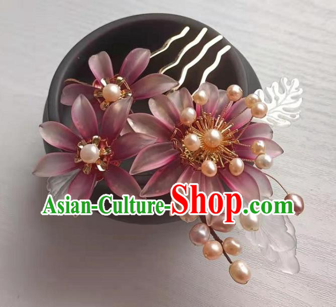 Chinese Ancient Princess Purple Chrysanthemum Hairpin Traditional Ming Dynasty Hanfu Pearls Hair Comb
