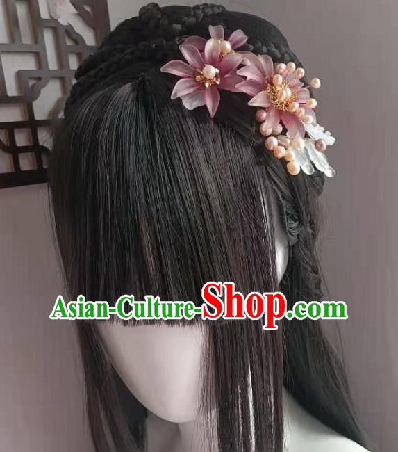 Chinese Ancient Princess Purple Chrysanthemum Hairpin Traditional Ming Dynasty Hanfu Pearls Hair Comb