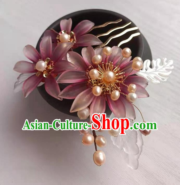 Chinese Ancient Princess Purple Chrysanthemum Hairpin Traditional Ming Dynasty Hanfu Pearls Hair Comb