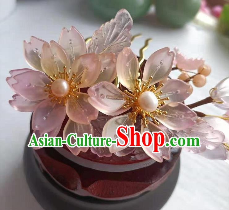 Chinese Ancient Noble Lady Hairpin Traditional Song Dynasty Hanfu Pink Flowers Hair Comb
