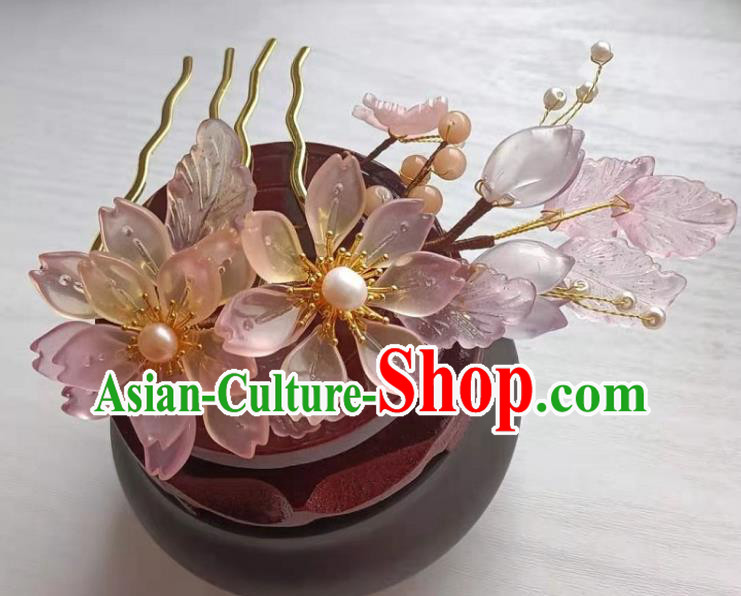 Chinese Ancient Noble Lady Hairpin Traditional Song Dynasty Hanfu Pink Flowers Hair Comb