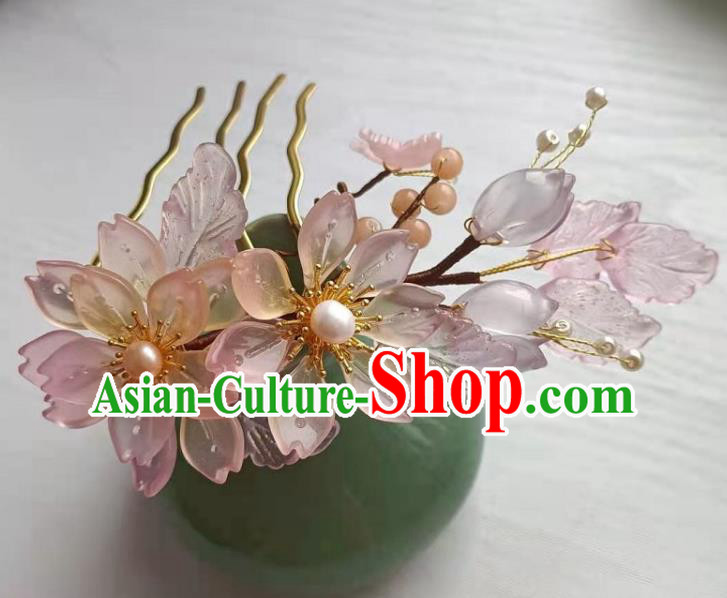 Chinese Ancient Noble Lady Hairpin Traditional Song Dynasty Hanfu Pink Flowers Hair Comb