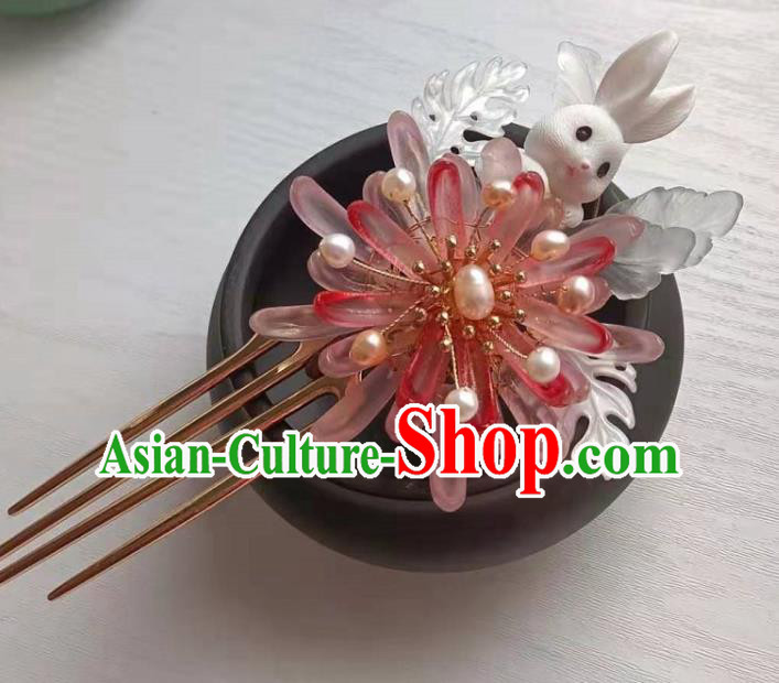 Chinese Ancient Princess Pink Chrysanthemum Hairpin Traditional Ming Dynasty Hanfu Pearls Hair Comb