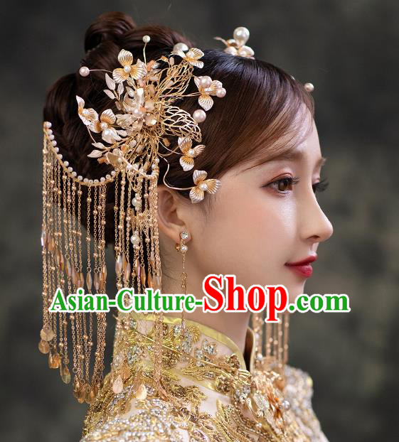 Chinese Classical Bride Tassel Hair Sticks Traditional Wedding Headwear Xiuhe Suit Golden Flowers Hairpins