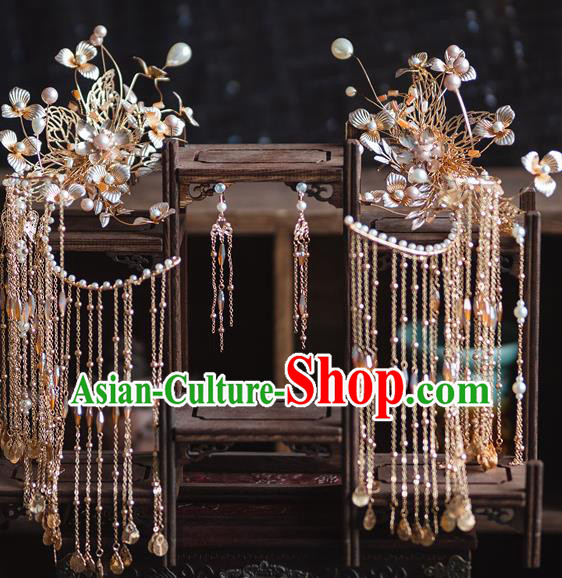 Chinese Classical Bride Tassel Hair Sticks Traditional Wedding Headwear Xiuhe Suit Golden Flowers Hairpins