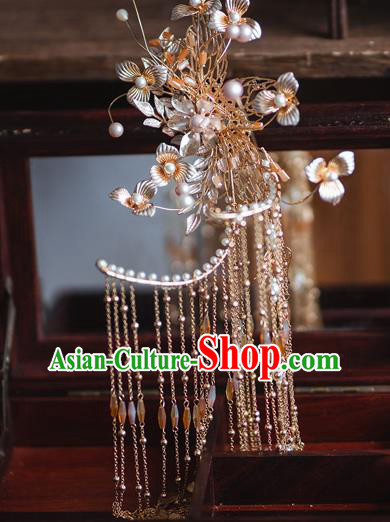 Chinese Classical Bride Tassel Hair Sticks Traditional Wedding Headwear Xiuhe Suit Golden Flowers Hairpins