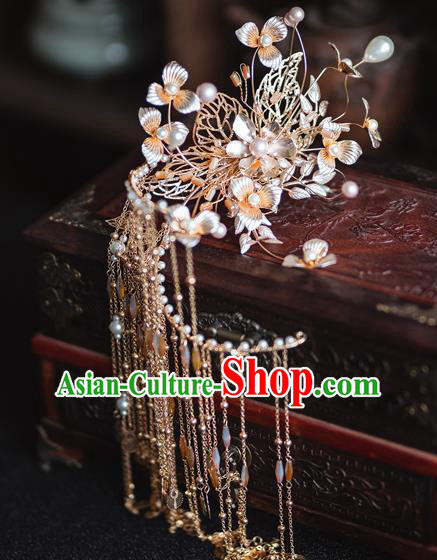 Chinese Classical Bride Tassel Hair Sticks Traditional Wedding Headwear Xiuhe Suit Golden Flowers Hairpins