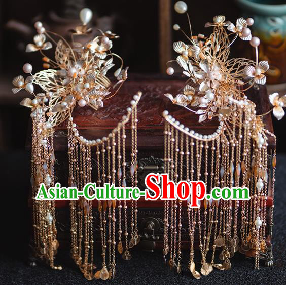 Chinese Classical Bride Tassel Hair Sticks Traditional Wedding Headwear Xiuhe Suit Golden Flowers Hairpins