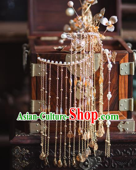 Chinese Classical Bride Tassel Hair Sticks Traditional Wedding Headwear Xiuhe Suit Golden Flowers Hairpins