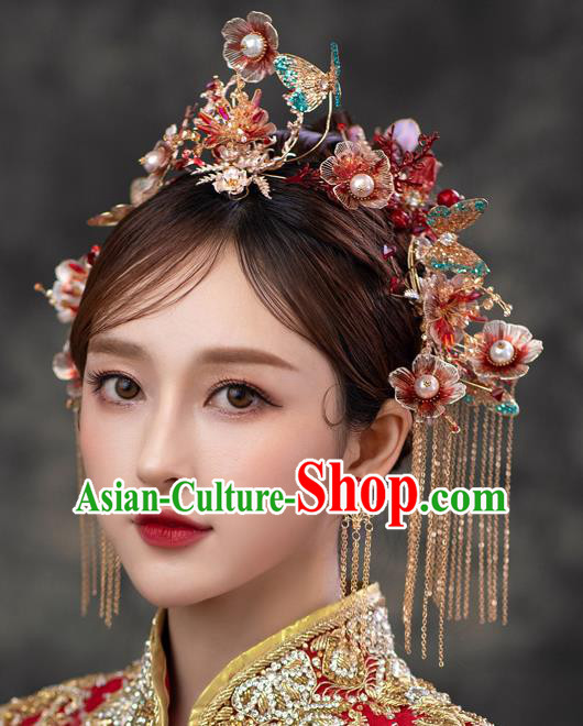 Chinese Classical Bride Flowers Hairpins Traditional Wedding Headwear Xiuhe Suit Blue Butterfly Hair Crown