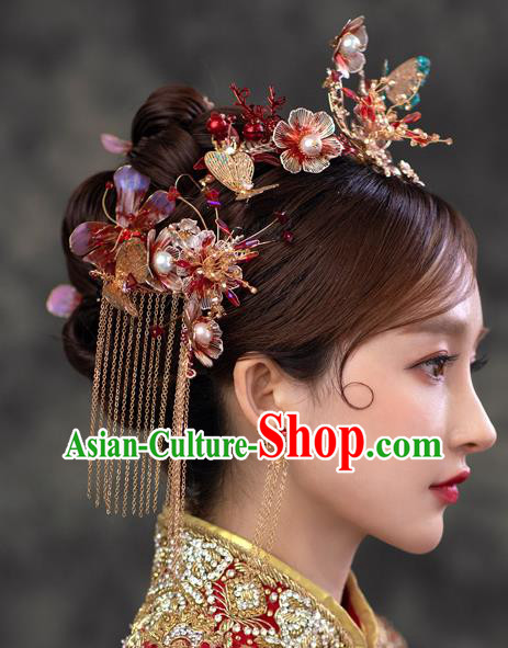Chinese Classical Bride Flowers Hairpins Traditional Wedding Headwear Xiuhe Suit Blue Butterfly Hair Crown