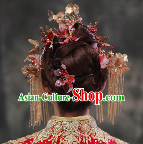 Chinese Classical Bride Flowers Hairpins Traditional Wedding Headwear Xiuhe Suit Blue Butterfly Hair Crown