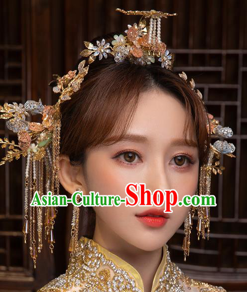 Chinese Classical Bride Hairpins Traditional Wedding Hair Accessories Xiuhe Suit Tassel Hair Comb