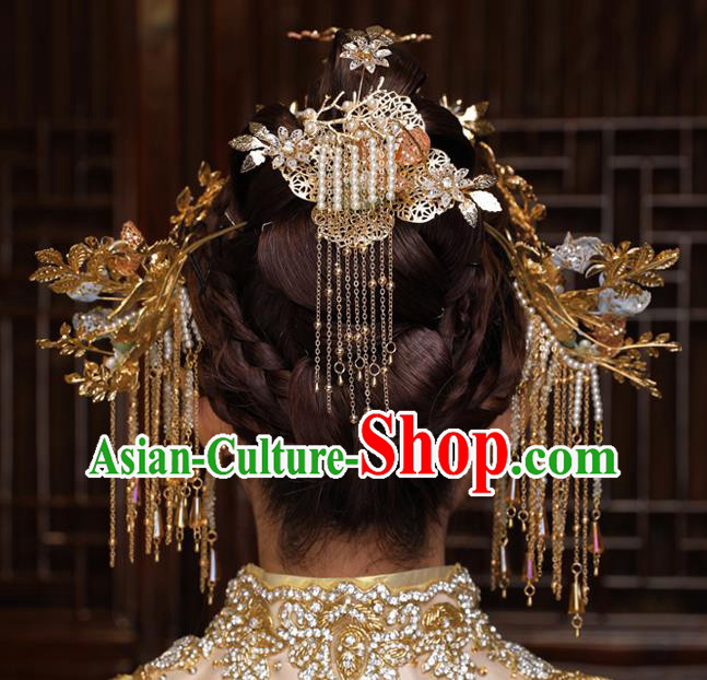 Chinese Classical Bride Hairpins Traditional Wedding Hair Accessories Xiuhe Suit Tassel Hair Comb
