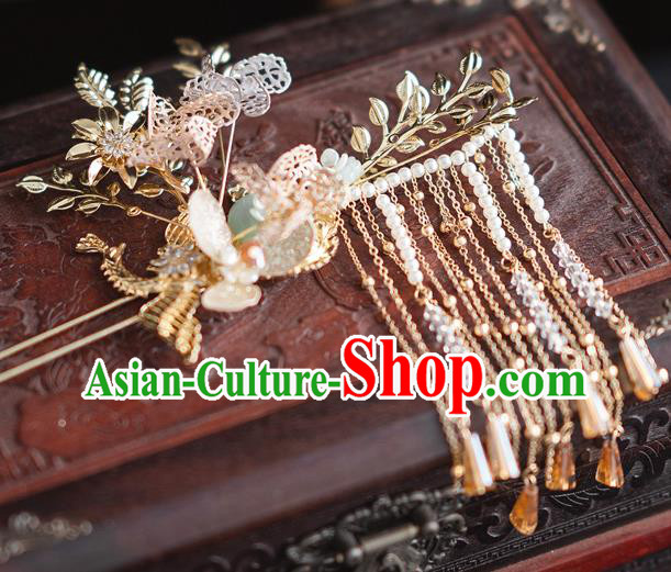 Chinese Classical Bride Hairpins Traditional Wedding Hair Accessories Xiuhe Suit Tassel Hair Comb