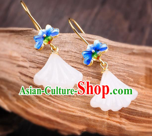 China Handmade Cheongsam Jade Ginkgo Leaf Earrings Traditional Blueing Lotus Ear Accessories