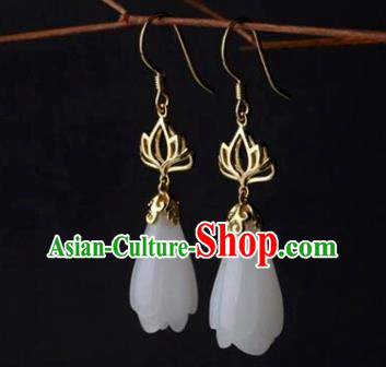 China Handmade National Jade Mangnolia Earrings Traditional Cheongsam Golden Lotus Ear Accessories