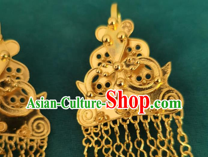 China Traditional Yi Nationality Golden Tassel Ear Accessories Handmade Liangshan Ethnic Woman Earrings