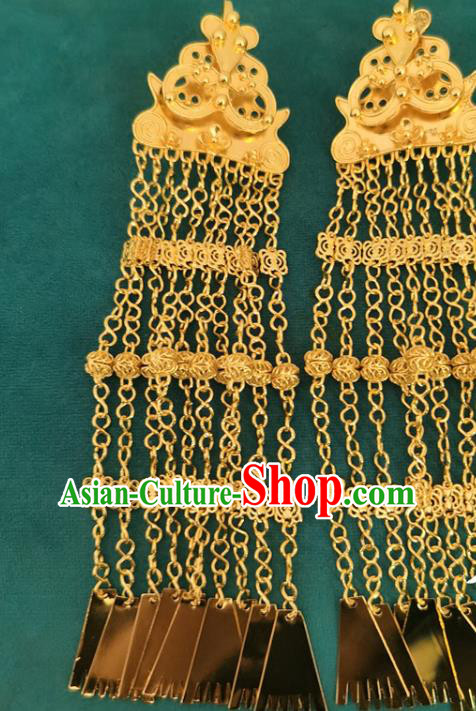 China Traditional Yi Nationality Golden Tassel Ear Accessories Handmade Liangshan Ethnic Woman Earrings