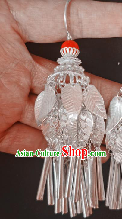 China Traditional Yi Nationality Silver Leaf Ear Accessories Handmade Liangshan Ethnic Bride Earrings