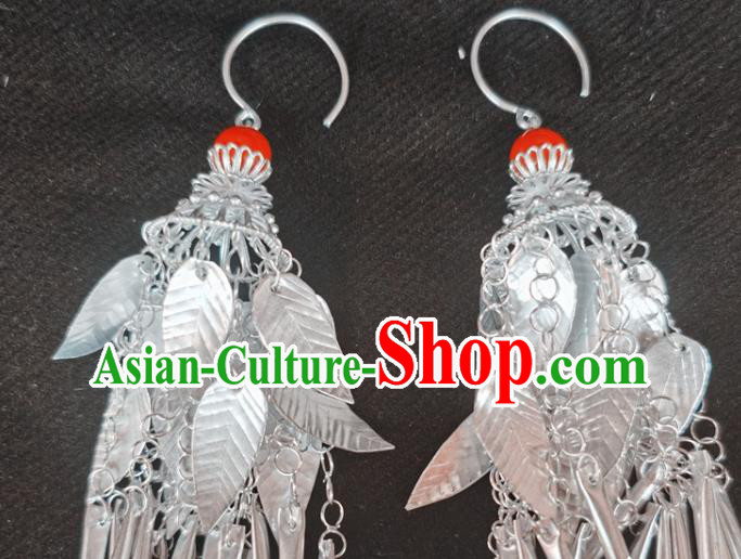 China Traditional Yi Nationality Silver Leaf Ear Accessories Handmade Liangshan Ethnic Bride Earrings