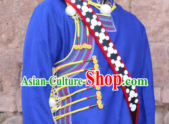 China Yi Nationality Male Blue Woolen Jacket Traditional Ethnic Upper Outer Garment