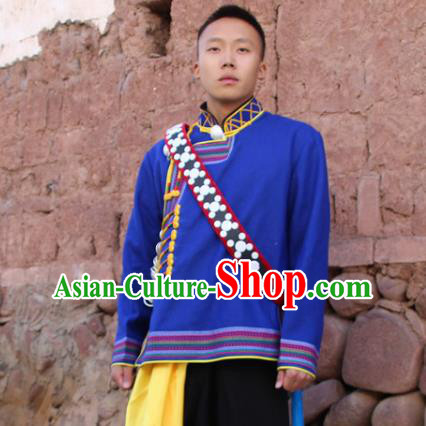 China Yi Nationality Male Blue Woolen Jacket Traditional Ethnic Upper Outer Garment