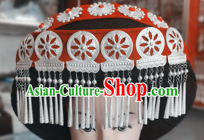 Chinese Liangshan Ethnic Wedding Silver Tassel Headwear Traditional Yi Nationality Bride Red Hat