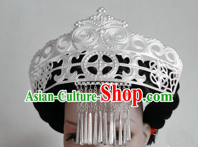 Chinese Liangshan Ethnic Silver Tassel Hair Crown Headwear Traditional Yi Nationality Ceremony Hat
