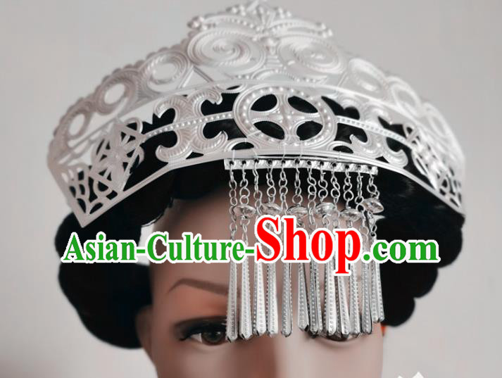 Chinese Liangshan Ethnic Silver Tassel Hair Crown Headwear Traditional Yi Nationality Ceremony Hat