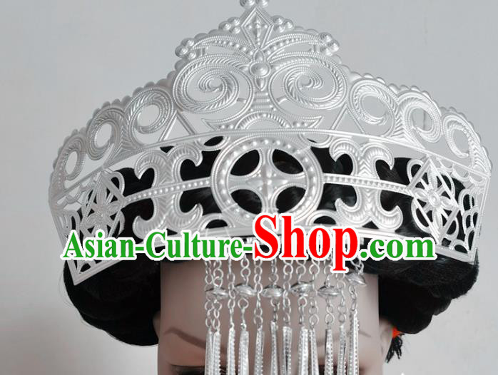 Chinese Liangshan Ethnic Silver Tassel Hair Crown Headwear Traditional Yi Nationality Ceremony Hat