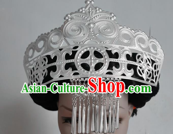 Chinese Liangshan Ethnic Silver Tassel Hair Crown Headwear Traditional Yi Nationality Ceremony Hat