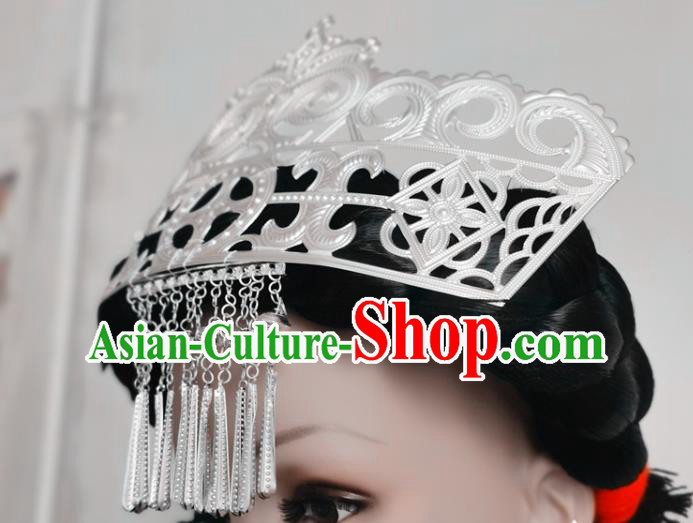 Chinese Liangshan Ethnic Silver Tassel Hair Crown Headwear Traditional Yi Nationality Ceremony Hat