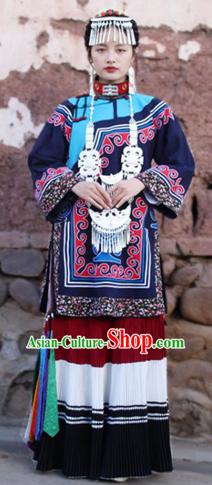China Traditional Liangshan Ethnic Stage Performance Costumes Yi Nationality Minority Folk Dance Outfits Clothing and Headpiece