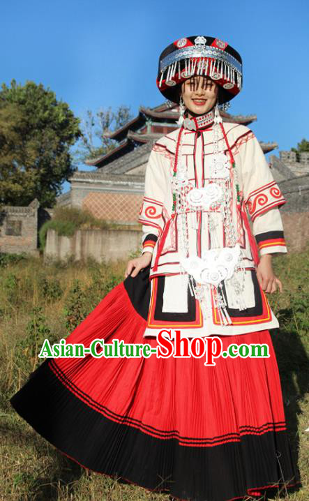 China Yi Nationality Bride Outfits Clothing Traditional Liangshan Ethnic Stage Performance Costumes and Headdress