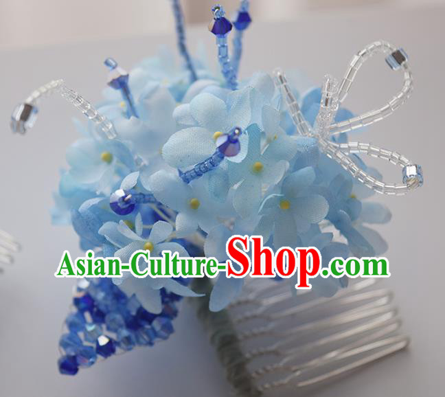 Chinese Handmade Cheongsam Hair Accessories Traditional Hanfu Blue Flowers Hair Comb