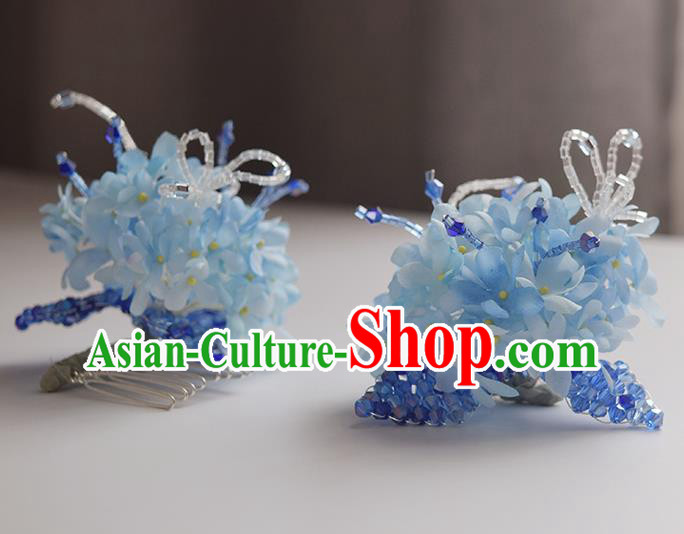 Chinese Handmade Cheongsam Hair Accessories Traditional Hanfu Blue Flowers Hair Comb