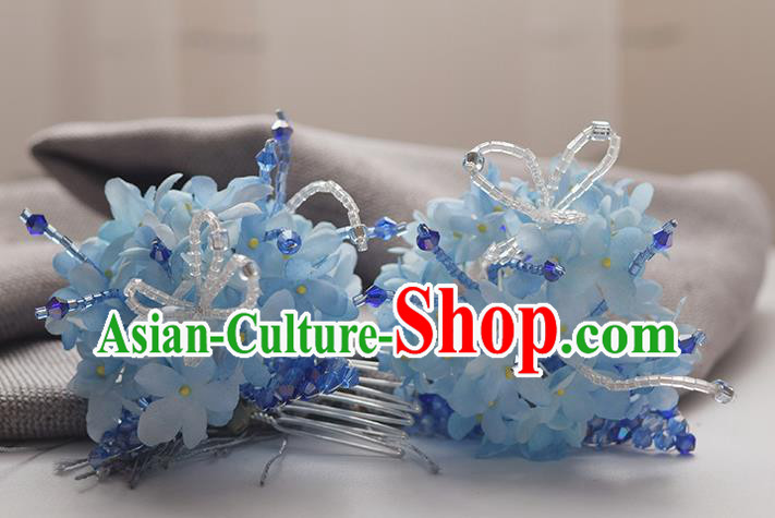 Chinese Handmade Cheongsam Hair Accessories Traditional Hanfu Blue Flowers Hair Comb