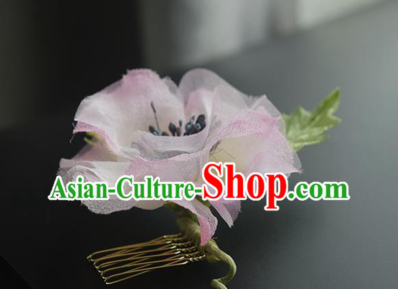 Chinese Handmade Pink Silk Camellia Hairpin Cheongsam Hair Accessories Traditional Hanfu Hair Comb