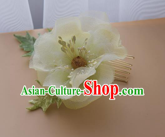 Chinese Traditional Hanfu Hair Comb Handmade Yellow Silk Camellia Hairpin Cheongsam Hair Accessories
