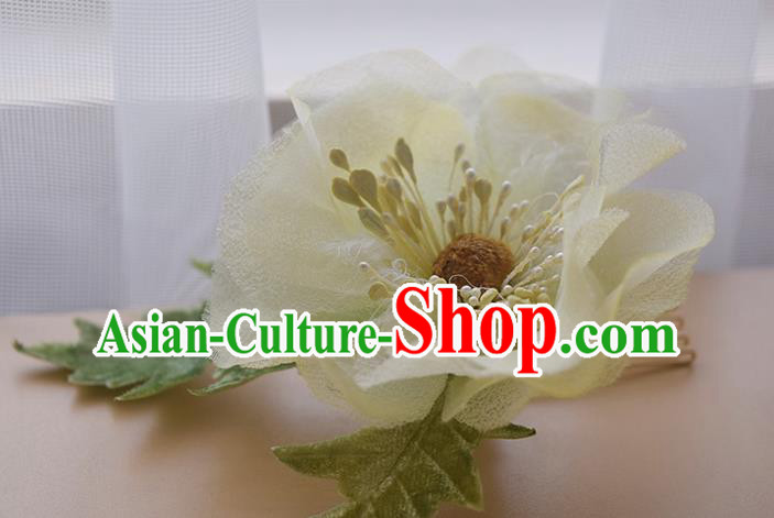 Chinese Traditional Hanfu Hair Comb Handmade Yellow Silk Camellia Hairpin Cheongsam Hair Accessories