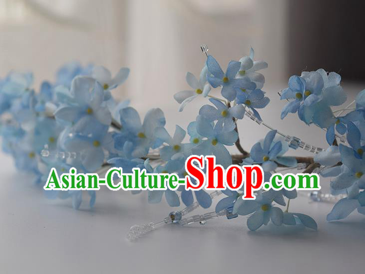 Chinese Handmade Beads Tassel Hair Accessories Traditional Hanfu Blue Flowers Hair Clasp