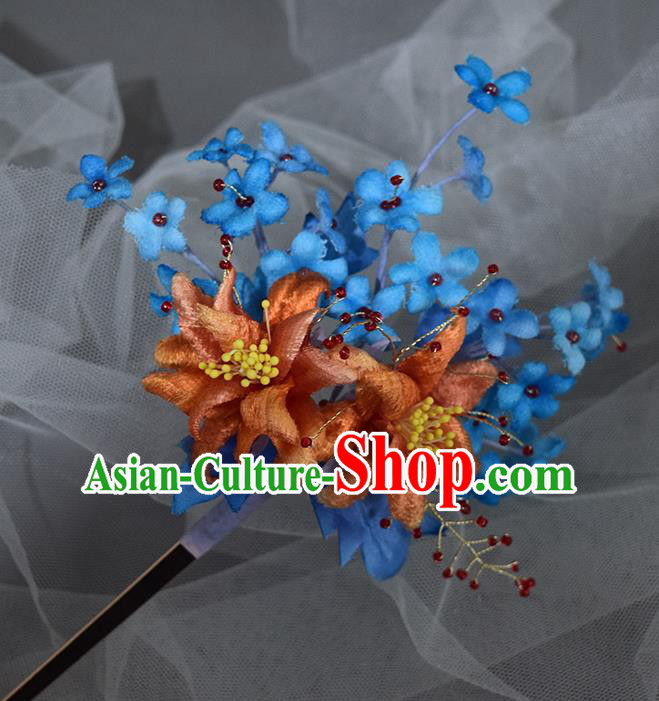 Chinese Handmade Ancient Princess Blue Silk Flowers Hairpin Traditional Ming Dynasty Hair Stick
