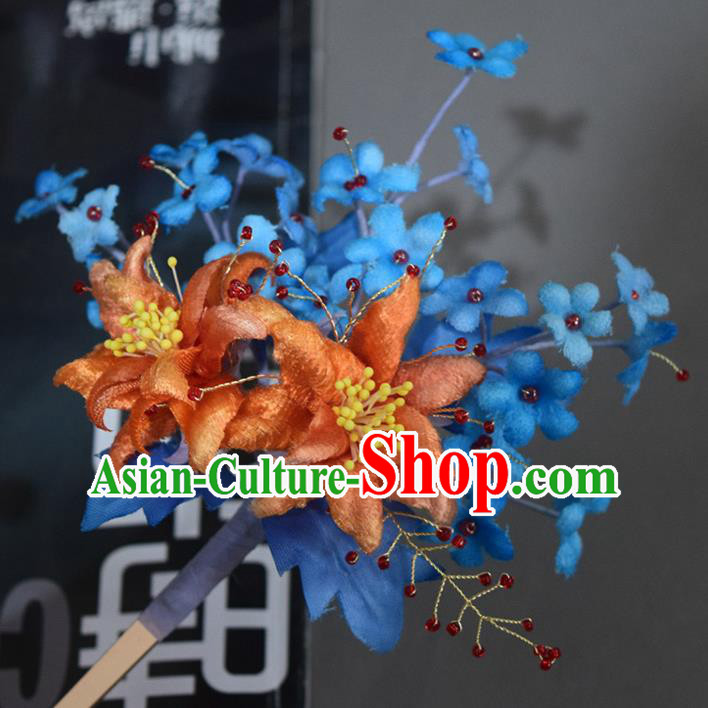 Chinese Handmade Ancient Princess Blue Silk Flowers Hairpin Traditional Ming Dynasty Hair Stick