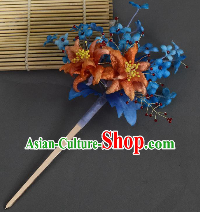 Chinese Handmade Ancient Princess Blue Silk Flowers Hairpin Traditional Ming Dynasty Hair Stick