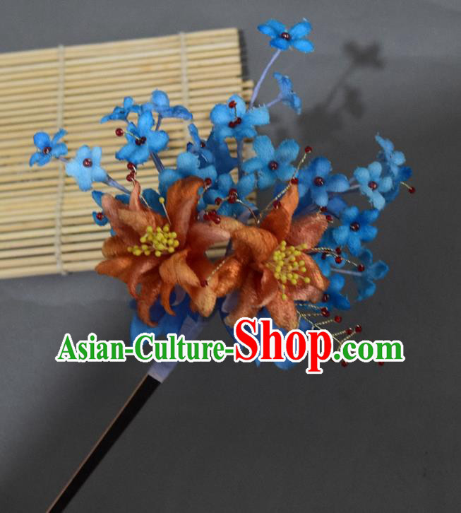 Chinese Handmade Ancient Princess Blue Silk Flowers Hairpin Traditional Ming Dynasty Hair Stick