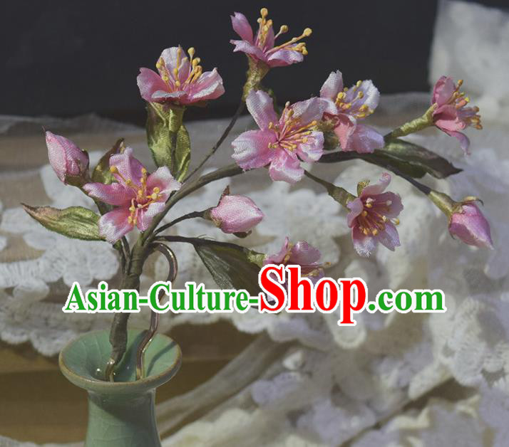 Chinese Handmade Ancient Princess Hairpin Traditional Ming Dynasty Pink Silk Sakura Hair Stick