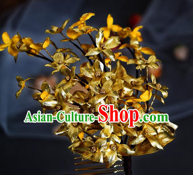 Chinese Handmade Ancient Empress Hairpin Traditional Ming Dynasty Golden Flowers Hair Comb