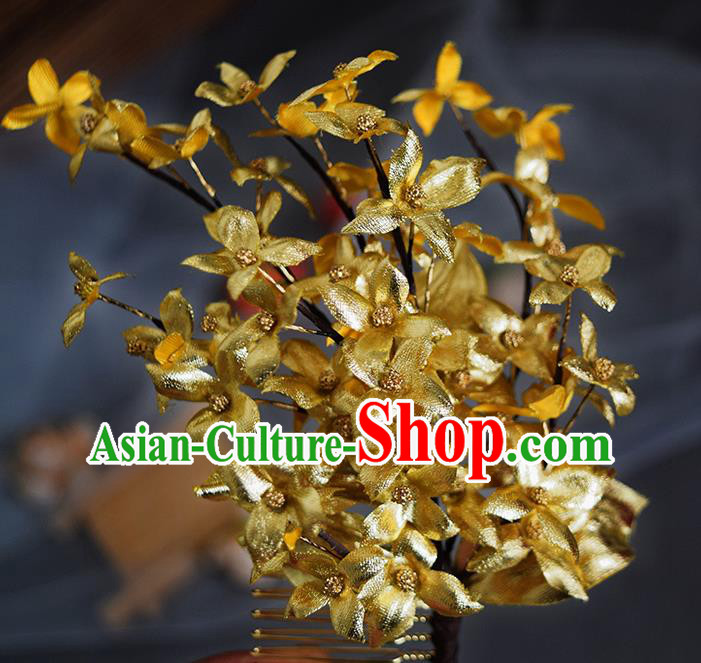 Chinese Handmade Ancient Empress Hairpin Traditional Ming Dynasty Golden Flowers Hair Comb