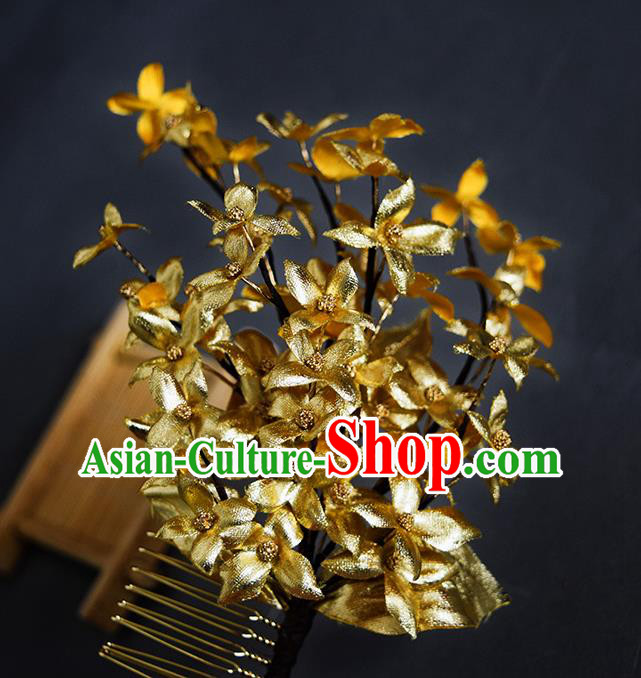 Chinese Handmade Ancient Empress Hairpin Traditional Ming Dynasty Golden Flowers Hair Comb
